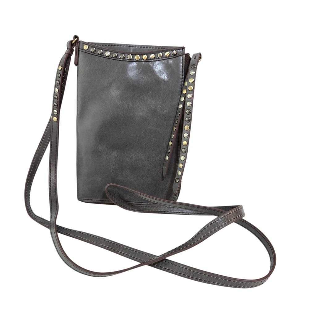 Hobo Nila Crossbody Phone Bag Gray Leather Studded Zip Around Wallet Purse 7"